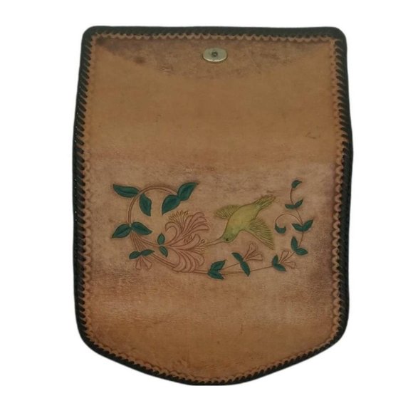 Vintage Wallet Hand Tooled Leather Wallet Hummingbird Floral Scene Whipstitched - Picture 3 of 10